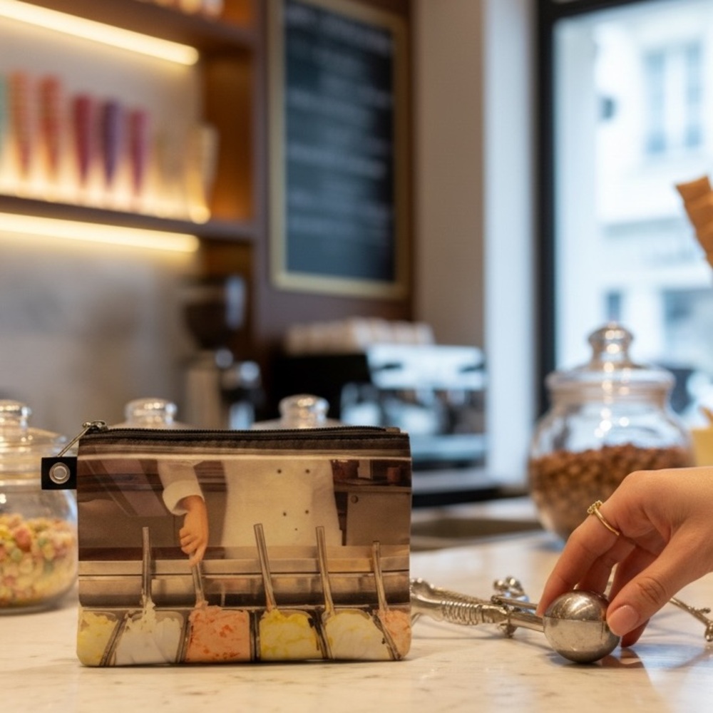 Bath & Bodyworks cosmetics bag with a gelato shop on the front